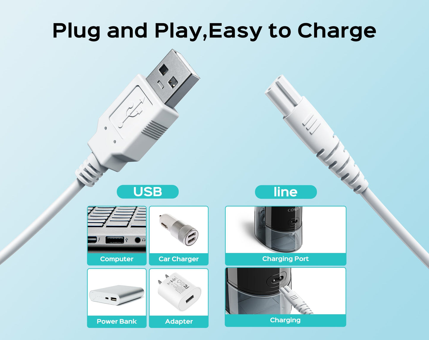 8-shaped port charging cable for dental flosser